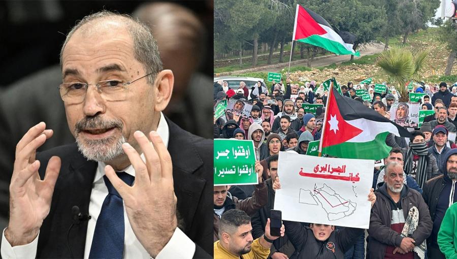 صورة تظهر وزير الخارجية أيمن الصفدي مقابل تظاهرات في الشارع الأردني تطالب بوقف الجسر البري صورة تظهر وزير الخارجية أيمن الصفدي مقابل تظاهرات في الشارع الأردني تطالب بوقف الجسر البري