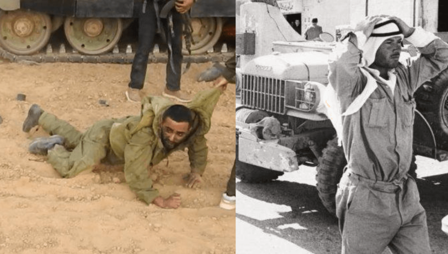 على يمين الصورة فلسطيني يرفع يديه خلال النكسة عام 1967 وعلى اليسار جندي إسرائيلي تأسره المقاومة في طوفان الأقصى على يمين الصورة فلسطيني يرفع يديه خلال النكسة عام 1967 وعلى اليسار جندي إسرائيلي تأسره المقاومة في طوفان الأقصى
