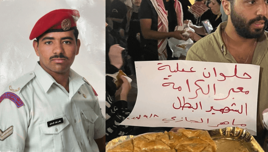 ماهر الجازي يمين الصورة: توزيع حلويات بمناسبة عملية جسر الملك حسين التي نفذها ماهر الجازي وقتل 3 من عناصر الأمن الإسرائيليين | يسار الصورة: ماهر الجازي بلباسه العسكري