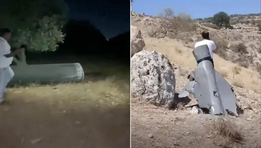 شظايا مسيرة غرب مدينة إربد (يمين) وبقايا صاروخ في منطقة خالية بقرية حريما في لواء بني كنانة بمحافظة إربد شظايا مسيرة غرب مدينة إربد (يمين) وبقايا صاروخ في منطقة خالية بقرية حريما في لواء بني كنانة بمحافظة إربد