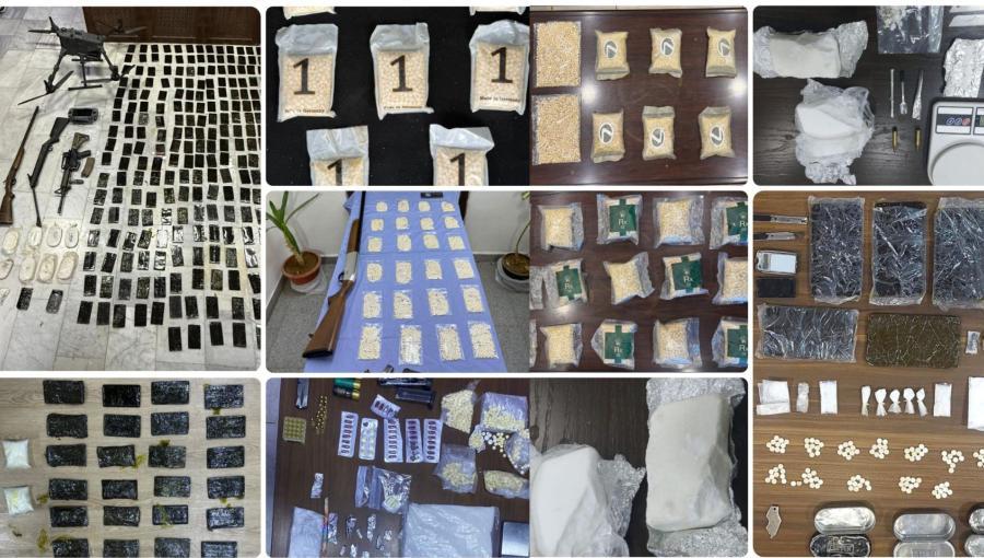 مضبوطات تشمل كميات كبيرة ومتنوعة من المخدرات المعبأة بطرق مختلفة، إلى جانب أسلحة نارية وذخيرة جرى ضبطها خلال قضايا نوعية لمكافحة المخدرات | المصدر: بترا
