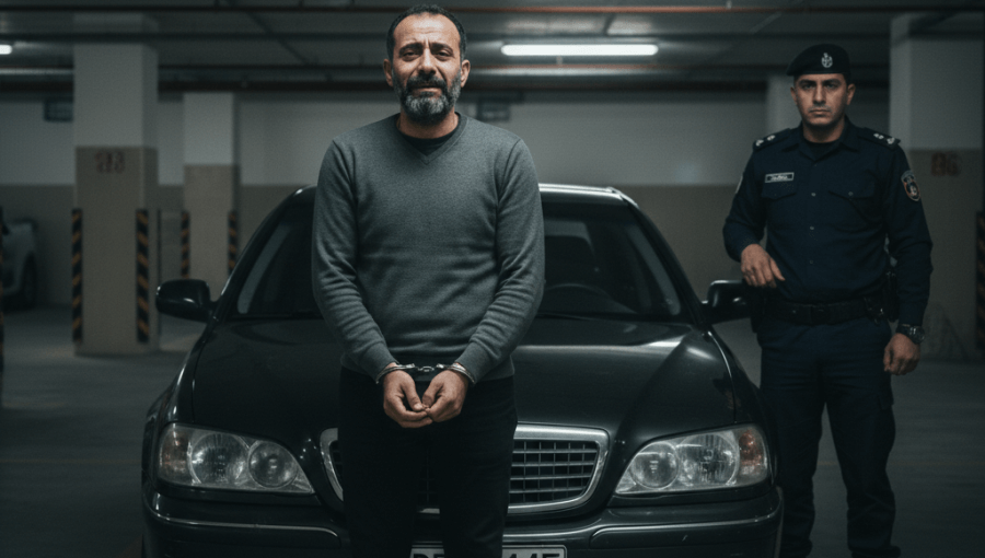 صورة مولدة عبر الذكاء الاصطناعي لرجل يقف أمام سيارة وبجانبه شرطي