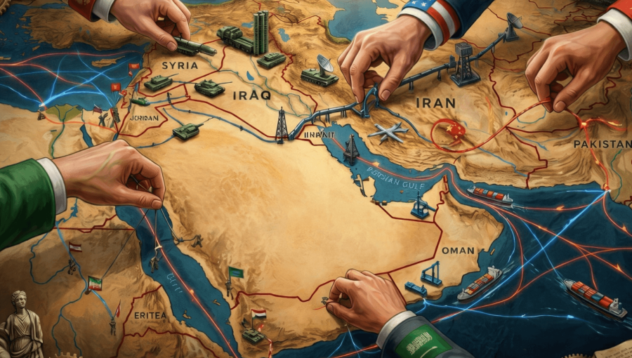 صورة مولدة بالذكاء الاصطناعي لخريطة الشرق الأوسط وأيدي القوى الكبرى تمتد لتقسيمه | تعبيرية