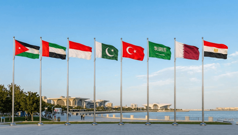 صورة لأعلام الأردن والإمارات وإندونيسيا وباكستان وتركيا والسعودية وقطر ومصر مولدة بالذكاء الاصطناعي