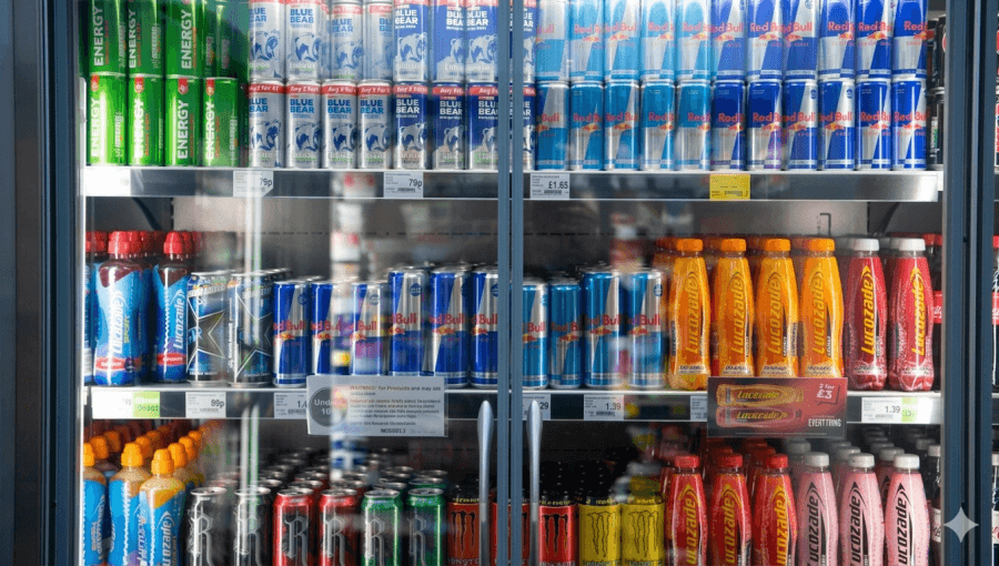 مشروبات طاقة داخل ثلاجة عرض في أحد المتاجر