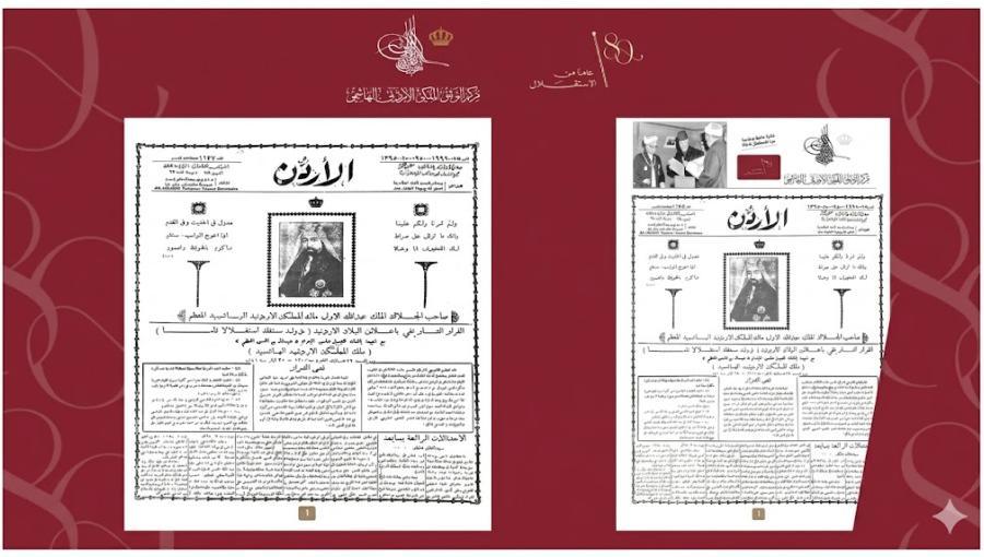افتتاحية جريدة الأردن العدد 1127 لعام 1946 الذي خصص لإعلان استقلال المملكة الأردنية الهاشمية | مركز التوثيق الأردني الملكي