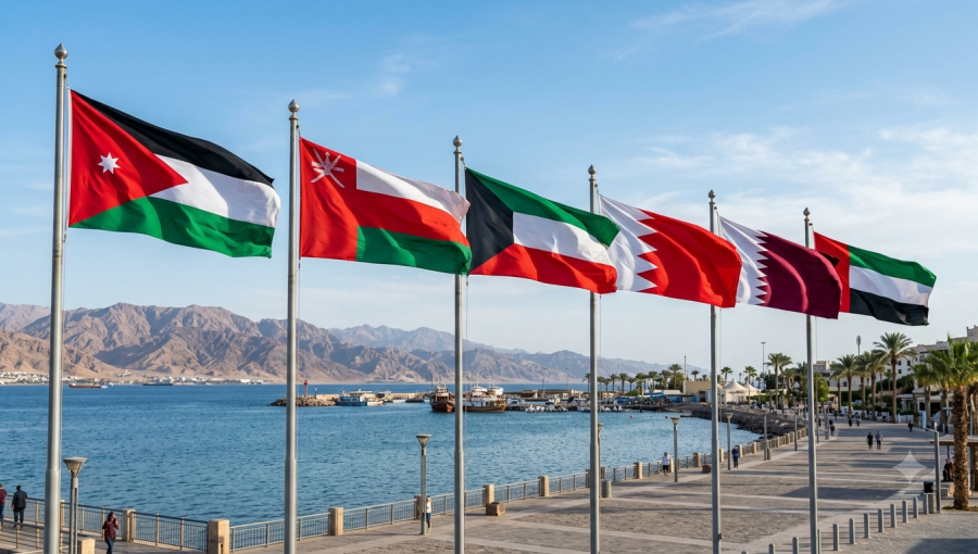 أعلام الأردن وسلطنة عمان والكويت والبحرين وقطر والإمارات