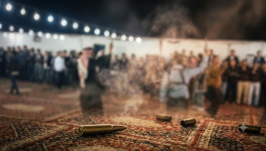 أشخاص يطلقون عيارات نارية في فرح | تعبيرية مولدة بالذكاء الاصطناعي