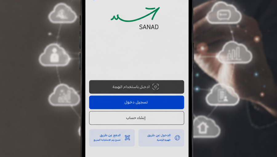 هاتف ذكي يعرض الواجهة الرئيسية لتطبيق "سند"