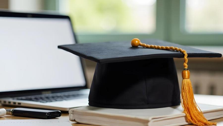 قبعة تخرج بالقرب من حاسوب محمول