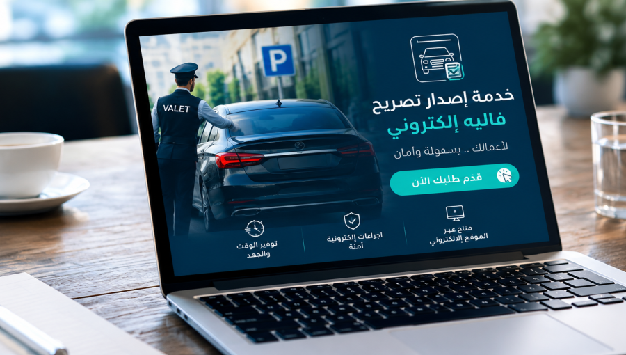 كمبيوتر محمول وتظهر على شاشته خدمة إصدار تصريح فاليه إلكتروني