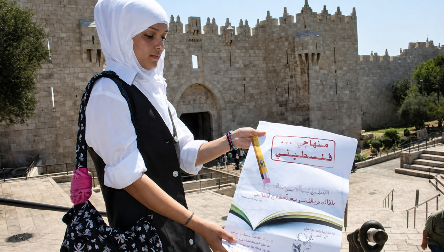 إحدى الطالبات تقف عند باب العامود في القدس المحتلة و تحمل منشورا توعويا يدعو لحماية المنهاج الفلسطيني من الأسرلة