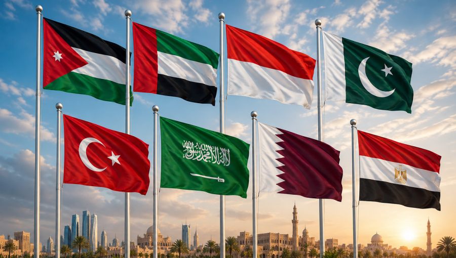 أعلام الأردن والإمارات وإندونيسيا وباكستان وتركيا والسعودية وقطر ومصر مولدة بالذكاء الاصطناعي