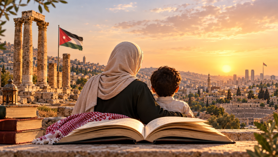 امرأة تجلس مع طفل أمام كتاب مفتوح