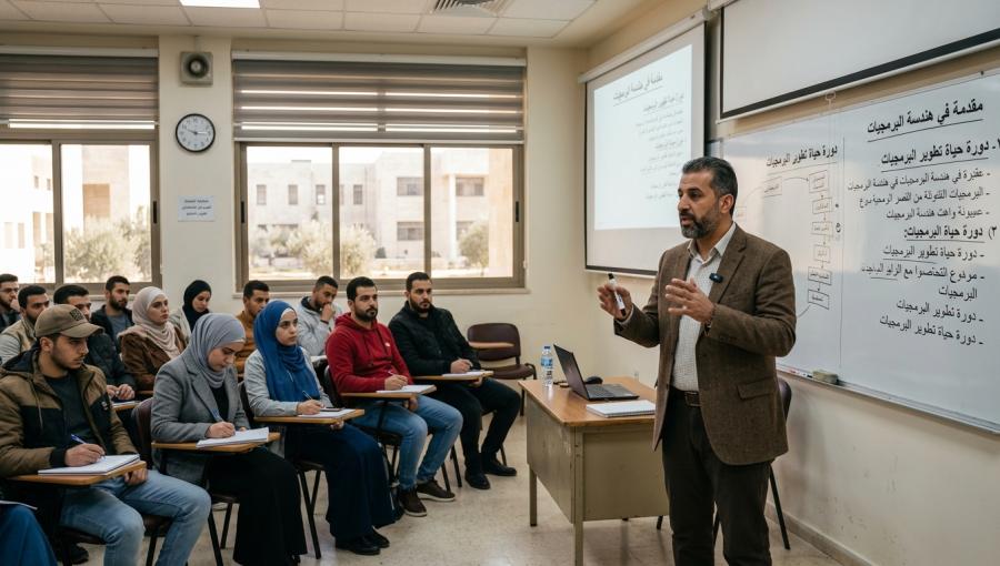 صورة تعبيرية لعضو هيئة تدريس وطلبة جامعيين في محاضرة مولدة بالذكاء الاصطناعي