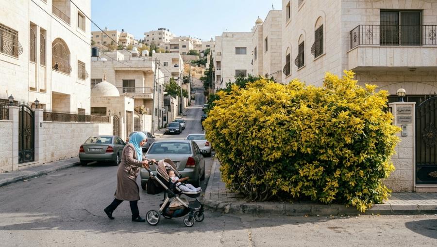 صورة مولدة بالذكاء الاصطناعي لأم تقود عربة أطفال على الشارع بسبب احتلال شجرة لجزء كبير من الرصيف