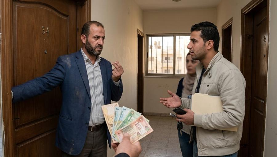 صورة مولدة بالذكاء الاصطناعي لموظف مكتب عقاري يطلب مبلغا ماليا مقابل السماح برؤية شقة