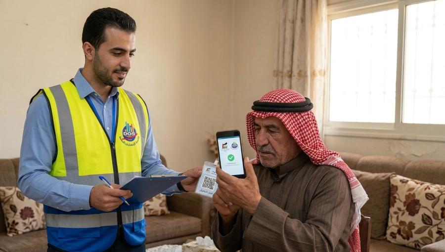مندوب التعداد يعرض بطاقة تعريفية على رب أسرة للتحقق من هويته | مولدة بالذكاء الاصطناعي