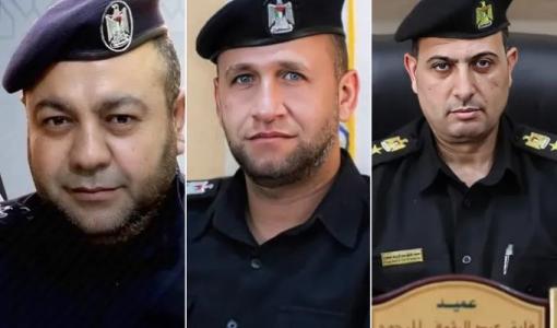 العميد فائق المبحوح (يمين) والمقدم رائد البنا (وسط) والمقدم محمود البيومي وهم ضباط الشرطة الفلسطينية الذين اغتالهم جيش الاحتلال في غزة