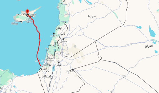 خريطة تظهر المسافة من قبرص إلى غزة | المصدر: خرائط جوجل