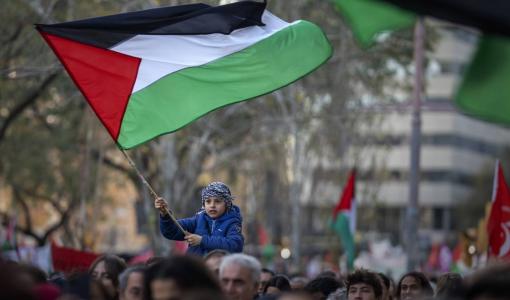 صبي يلوح بالعلم الفلسطيني في برشلونة وحوله متظاهرون يطالبون بوقف فوري لإطلاق النار في غزة | المصدر: أسوشييتد برس
