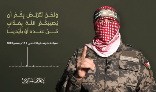 أبو عبيدة في كلمة مسجلة بتاريخ 10-12-2023 بجانبه آية: "ونحن نتربص بكم أن يصيبكم الله بعذاب من عنده أو بأيدينا"