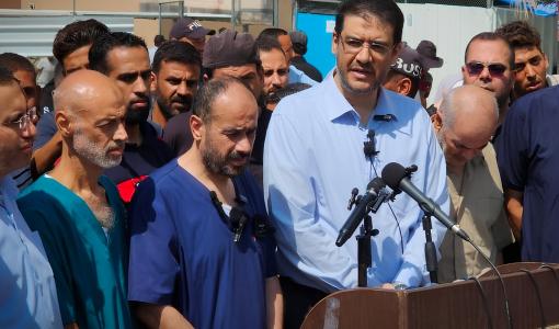 الدكتور محمد أبو سلمية خلال مؤتمر صحفي بعد الإفراج عنه 1/7/2024 | المصدر: وكالة شهاب للأنباء