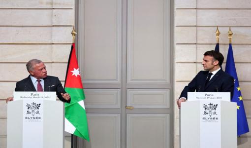 الملك عبد الله الثاني والرئيس الفرنسي إيمانويل ماكرون الملك عبد الله الثاني والرئيس الفرنسي إيمانويل ماكرون في قصر الإليزيه 19/3/2025 | المصدر: وكالة الأنباء الفرنسية