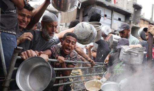 فلسطينيون يكافحون للحصول على الطعام أمام إحدى التكايا في بيت لاهيا، شمال قطاع غزة 15/5/2025 | المصدر: وكالة الأنباء الفرنسية