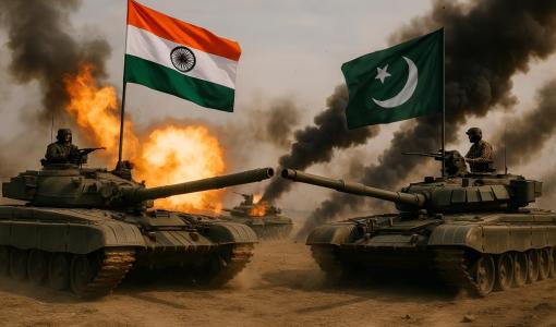 علم الهند وعلم باكستان فوق دبابتين | تعبيرية