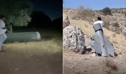 شظايا مسيرة غرب مدينة إربد (يمين) وبقايا صاروخ في منطقة خالية بقرية حريما في لواء بني كنانة بمحافظة إربد