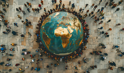 صورة مولدة بالذكاء الاصطناعي لمجسم كوكب الأرض يحيط به أشخاص | تعبيرية freepik