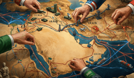 صورة مولدة بالذكاء الاصطناعي لخريطة الشرق الأوسط وأيدي القوى الكبرى تمتد لتقسيمه | تعبيرية