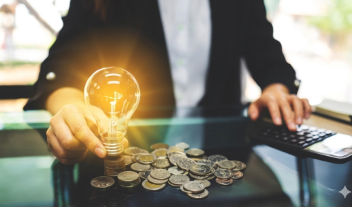 شخص يمسك بمصباح كهربائي مضيء فوق عملات معدنية | تعبيرية