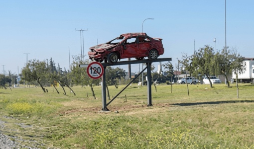 سيارة تعرضت لحادث مروري معروضة على طريق المطار في العاصمة عمان