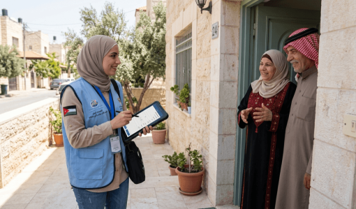 صورة تعبيرية تظهر موظفة إحصاءات تجري إحصاء مع إحدى العائلات