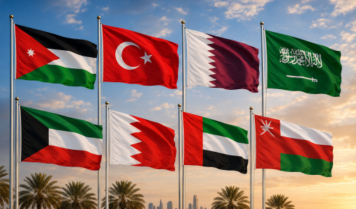 أعلام الأردن وتركيا وقطر والسعودية والكويت والبحرين والإمارات وسلطنة عمان