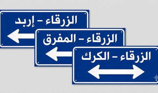 لافتات تحمل إشارة إلى خط النقل بين الزرقاء وإربد والمفرق والكرك