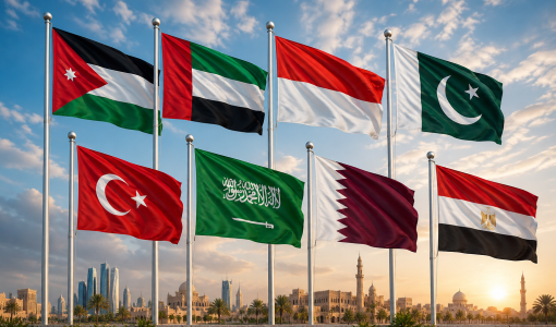 أعلام الأردن والإمارات وإندونيسيا وباكستان وتركيا والسعودية وقطر ومصر مولدة بالذكاء الاصطناعي