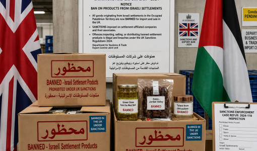 صناديق كرتون تحمل ملصقات طبع عليها كلمة "محظور" تتضمن منتجات من المستوطنات خلفها العلمان البريطاني والفلسطيني