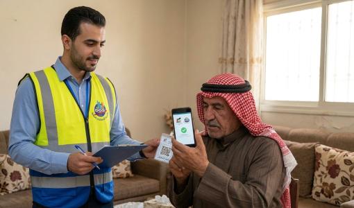 مندوب التعداد يعرض بطاقة تعريفية على رب أسرة للتحقق من هويته | مولدة بالذكاء الاصطناعي
