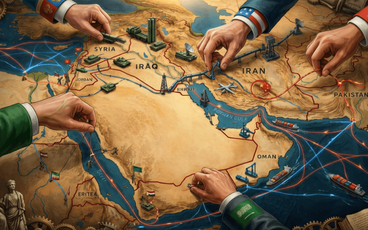 صورة مولدة بالذكاء الاصطناعي لخريطة الشرق الأوسط وأيدي القوى الكبرى تمتد لتقسيمه | تعبيرية