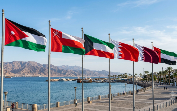 أعلام الأردن وسلطنة عمان والكويت والبحرين وقطر والإمارات